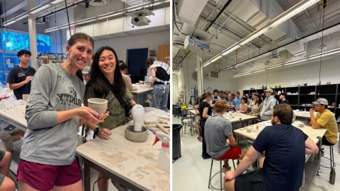 a collage of students listening to instructions in a pottery studio (left) and students showing off their pottery creations (right)